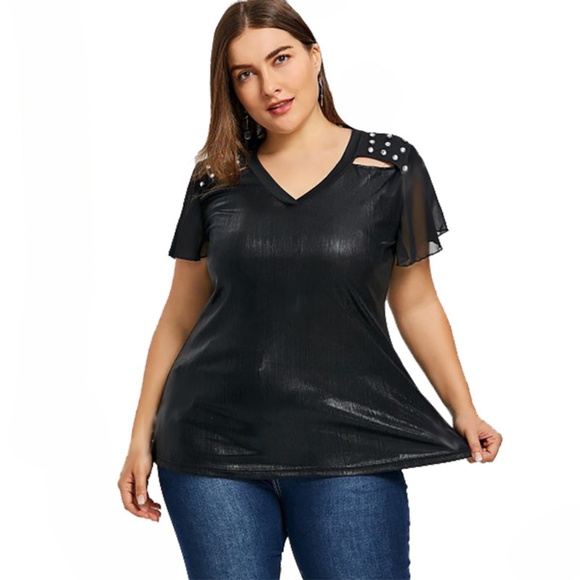 Plus Size Hollow Out Metallic Blouse w/ Rhinestone - Picture 2 of 6